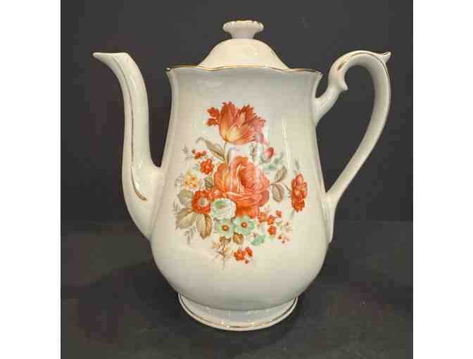 Hall China Drip-o-Lator Coffee Pot, Creamer, and Sugar Floral Design