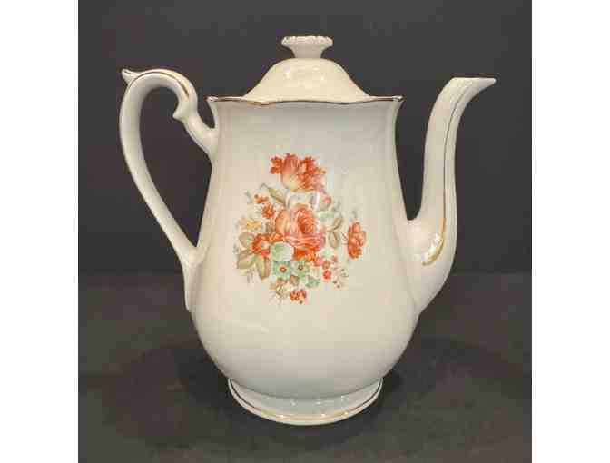 Hall China Drip-o-Lator Coffee Pot, Creamer, and Sugar Floral Design
