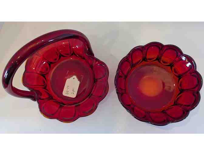 Fenton Glass Red Color Basket and Candy Dish