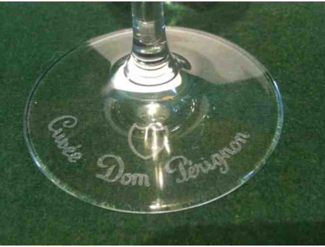 2 Dom Perignon etched champagne flutes