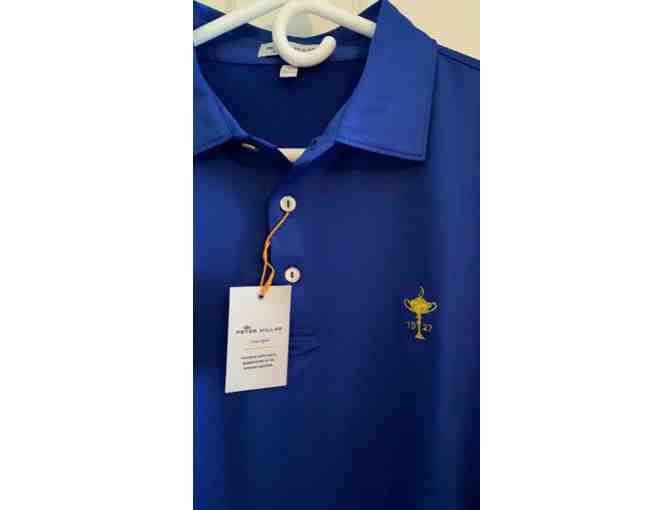 PETER MILLAR RYDER CUP 2020-21 MENS SHORTSLEEVE TROPHY ROYAL BLUE GOLF SHIRT. SIZE LARGE,