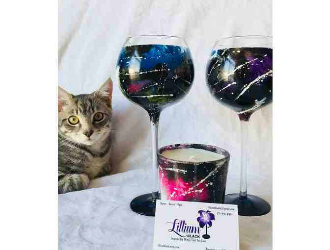 Hand painted wine glasses and candle by Lillium Black