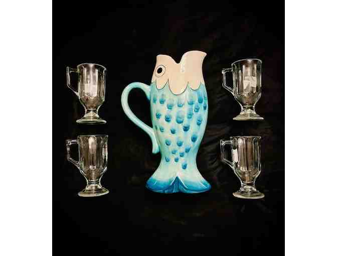1 'Fish' Pitcher + 4 'Teal' Glasses (Set of 5 items)