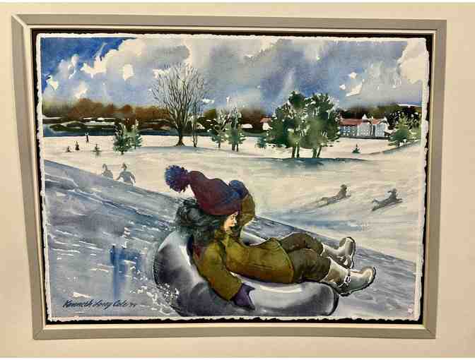 "Winter Joy" Girl Sledding Down a Hill by Kenneth Lorey Cole (1926-2008) - Photo 1