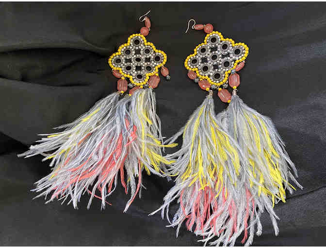 Handmade Ostrich and Bead Earrings by Jeannette and Slade of Beverly Hills