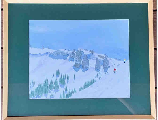 Framed Original Watercolor Painting of 'Kirkwood Skiers on Monte Wolfe'