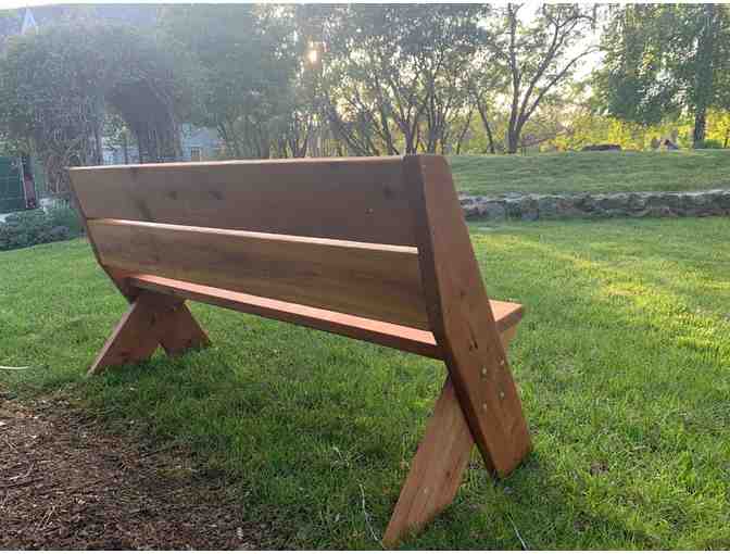 Handcrafted Redwood Bench from the Rowan second grade class