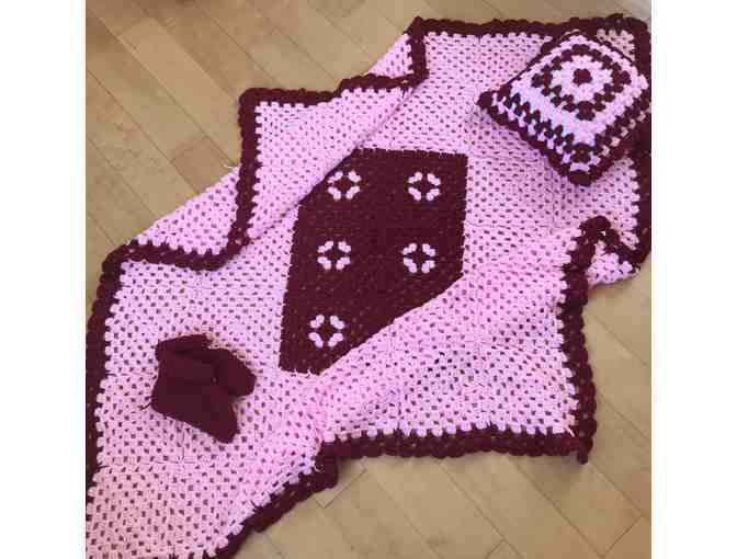 Beautiful homemade Afghan with matching throw pillow and comfy slippers!