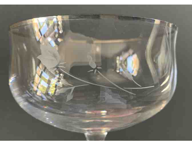 VINTAGE WINE & CHAMPAGNE GLASSES SILVER RIMMED WITH ROSE ETCHING - SET OF 8 EACH