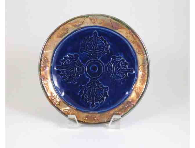 De Baun Fine Ceramics: Handmade Raku Offering Bowl with Double Dorje in Blue and Gold