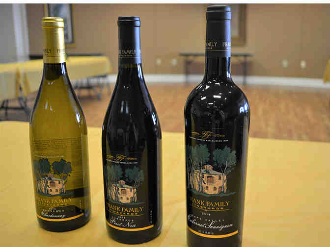 Collection of (3) Frank Family Wines with (2) wine glasses with leather holder