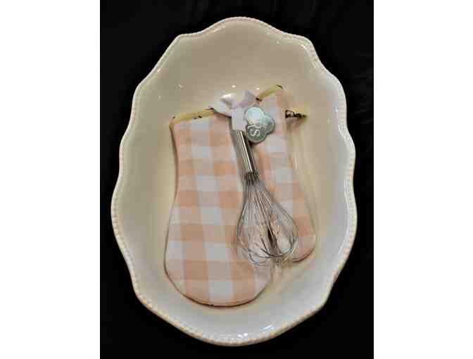 Large Ceramic Dish with Whisk and Decorative Towel