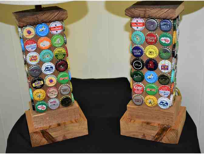 Two Lamps with Shades made with Reclaimed Wood and Bottlecaps