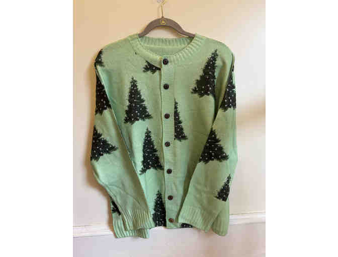 CARDIGAN SWEATER-GREEN WITH HOLIDAY TREES-SIZE XL - Photo 1