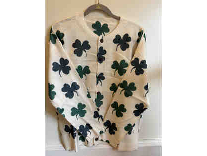 CARDIGAN SWEATER-CLOVERS ON OFF WHITE BACKGROUND-SIZE XL