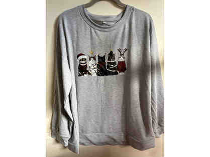 SWEATSHIRT-GREY WITH CATS IN HOLIDAY GEAR-SIZE XXL