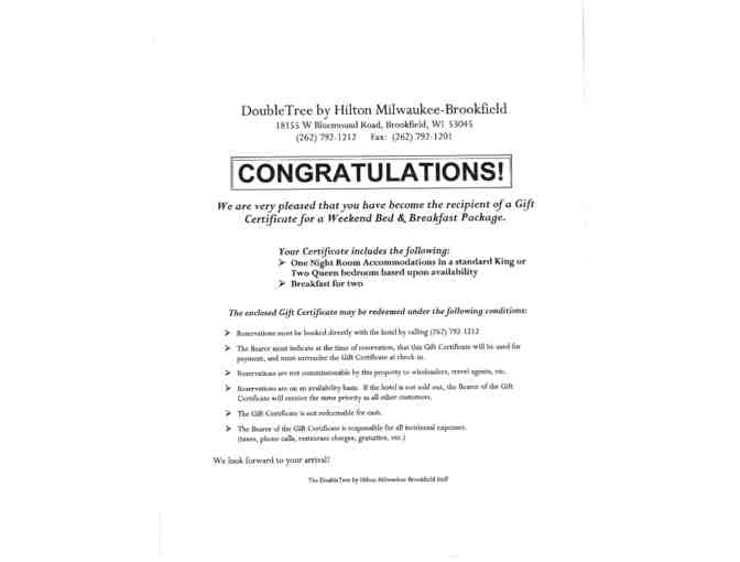 DoubleTree by Hilton Milwaukee Brookfield - One Night Weekend Bed and Breakfast for Two