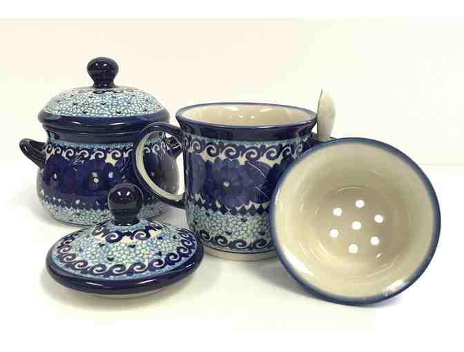 UNIKAT, MADE IN POLAND, CERAMIC TEA MUG WITH INSERT + SPOON & SUGAR BOWL, RARE