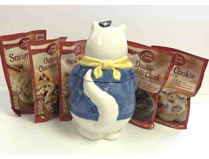 CERAMIC CAT COOKIE JAR + 5 PKG. BETTY CROCKER COOKIE MIXES