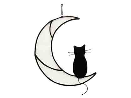 Black Cat on White Moon Stained Glass Window Decoration