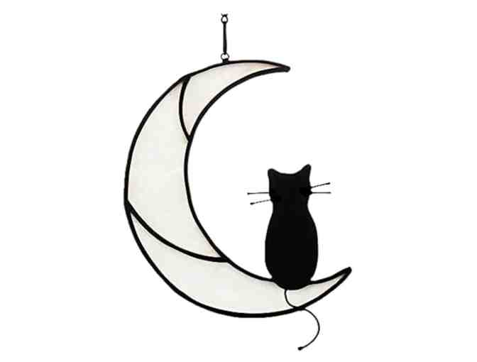Black Cat on White Moon Stained Glass Window Decoration - Photo 1