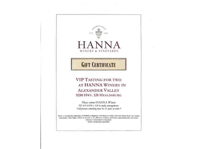 Hanna Winery - Magnum (1.5L) of Cabernet Sauvignon plus a VIP Tasting for 2