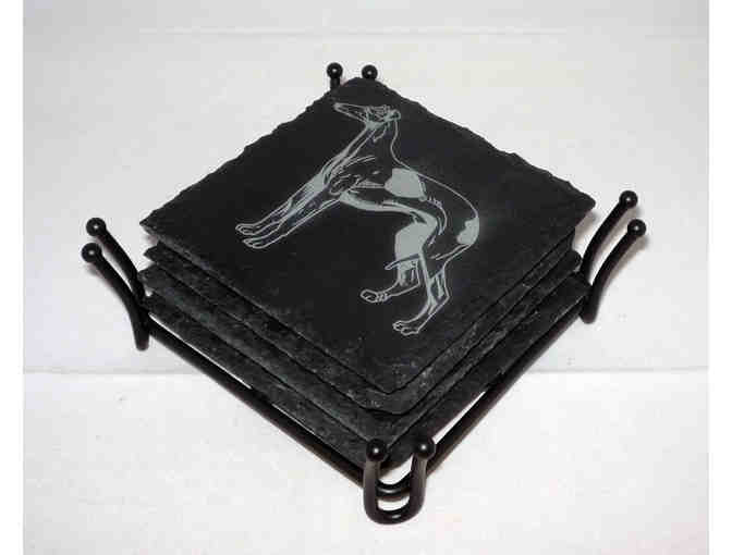 Set of Four Slate Greyhound Coasters with Holder
