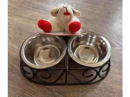 Dog bowls, stand, and Lamb Chop!