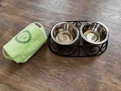Small dog bowls, stand and toys