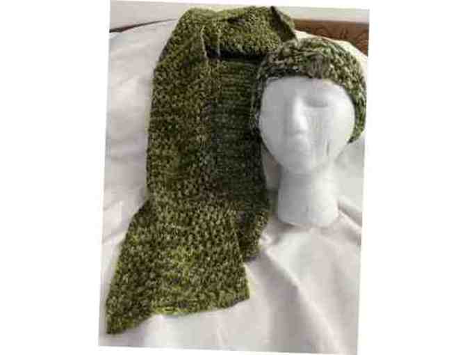 Blended Shades of Green Handknit Scarf & Matching Hat with Button