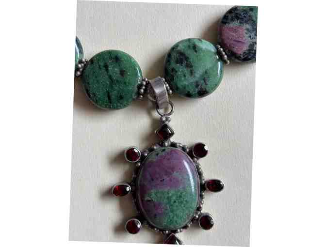 Polished Stone Necklace with Pendent Yoke of Silver
