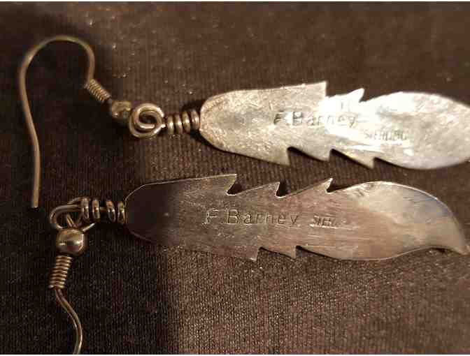 Sterling Silver Turquoise and Coral Inlay Feather Motif Earrings by F Barney