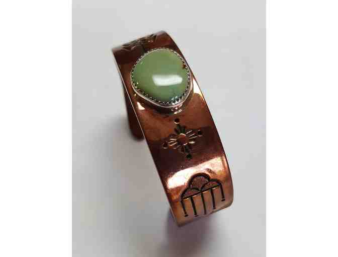 Copper Cuff Bracelet with Pale Green Stone