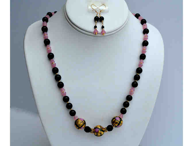 Gold and Pink Lampwork Art Glass with Onyx - Necklace and Earring Set