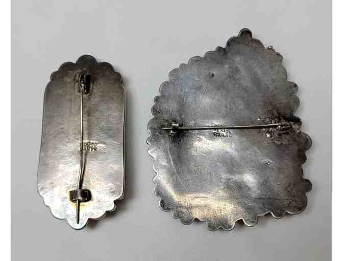 Vintage Mexican Jade and Sterling Silver Brooches, Set of Two