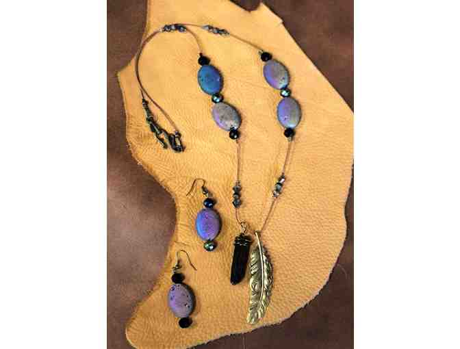 Feather and Amethyst Crystal Necklace and Earring Set