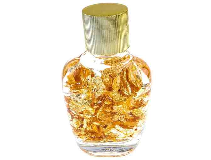 GOLD The Sweat of The Sun - Assayers Glass Jar of .999 Fine Gold Leaf Flakes on Display Gi