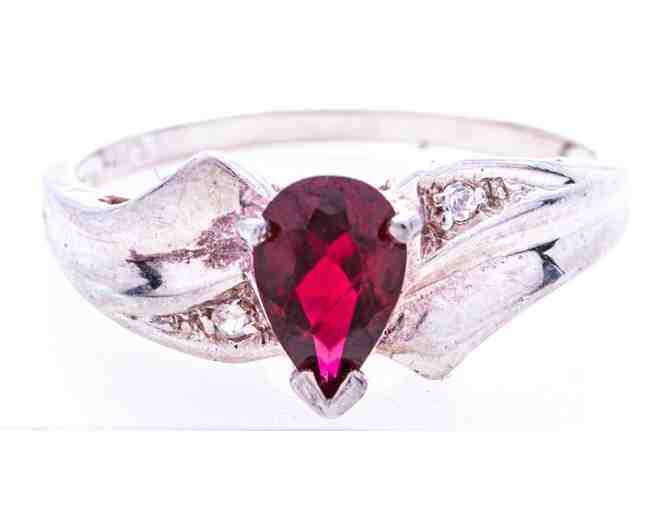 925 Sterling Silver Pear Cut ruby & Diamond Ring, Size 7