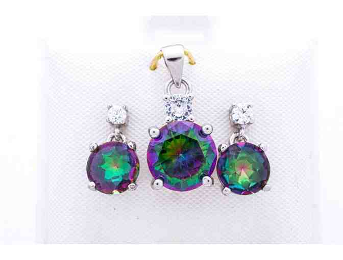 925 Sterling Silver Jewellery Set, Genuine Round Cut Mystic Topaz, Earring, Pendant & Ring