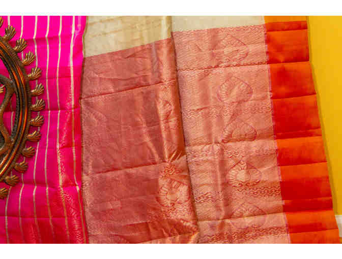 Offwhite/Pink/Yellow Jacquard Silk Saree