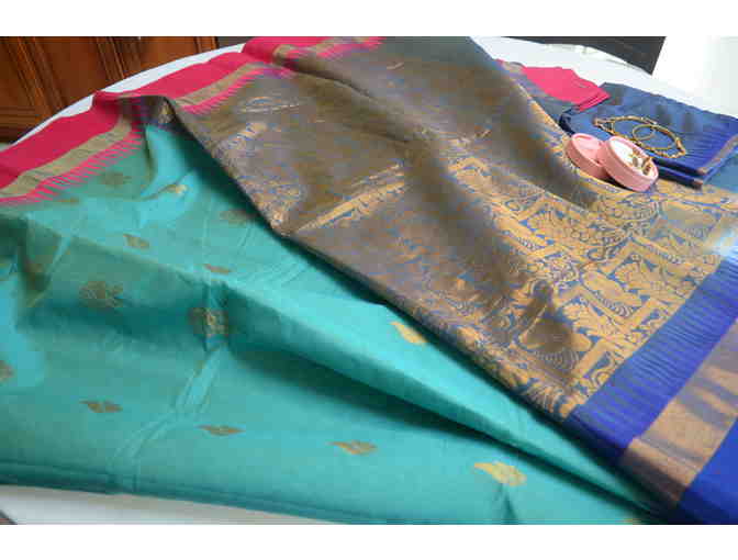 Teal (Ramar color) with dual colored border in Silk Cotton Saree