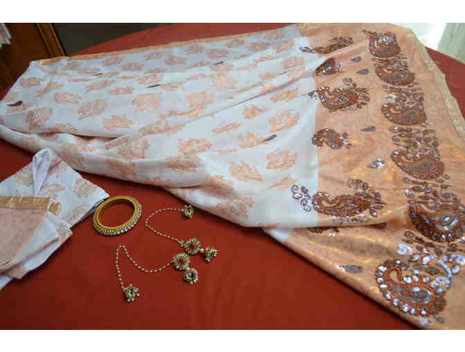 White Saree with Copper Colored Border with Bead Work