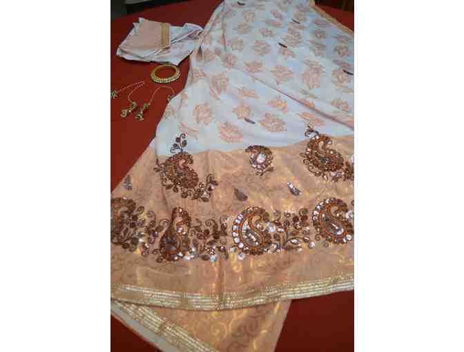 White Saree with Copper Colored Border with Bead Work