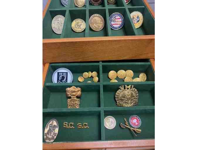 Wooden Display Box Filled with Challenge Coins and Citadel Items