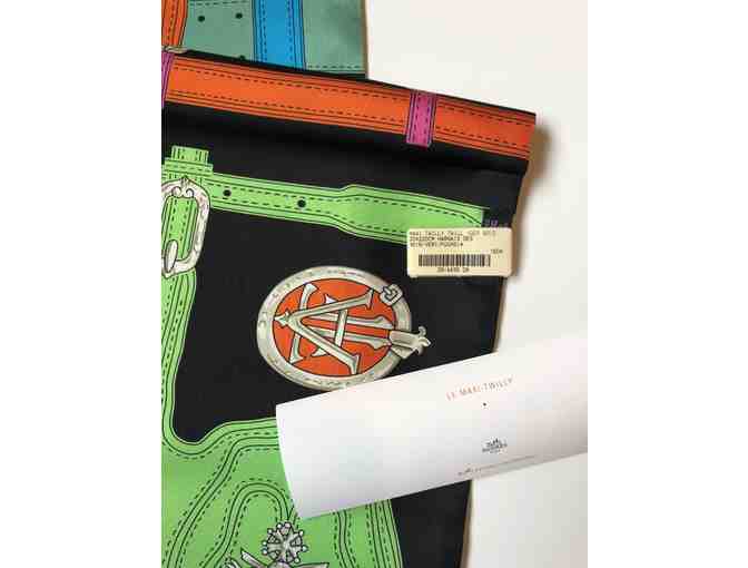 Hermes Black with Multi Color Maxi Twilly Scarf/Wrap (Colors: Black/Green/Fuchsia)