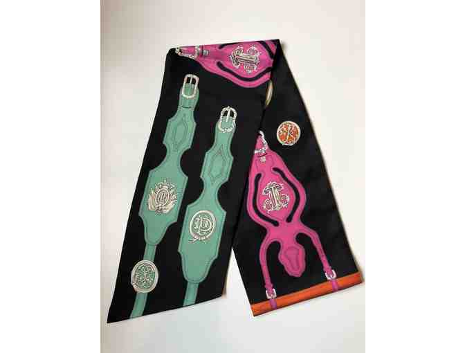 Hermes Black with Multi Color Maxi Twilly Scarf/Wrap (Colors: Black/Green/Fuchsia)