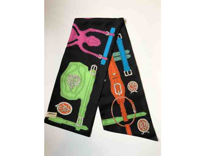 Hermes Black with Multi Color Maxi Twilly Scarf/Wrap (Colors: Black/Green/Fuchsia)