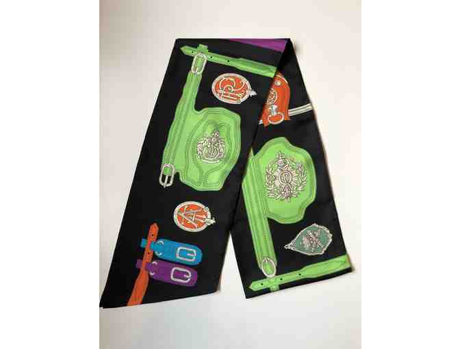 Hermes Black with Multi Color Maxi Twilly Scarf/Wrap (Colors: Black/Green/Fuchsia)