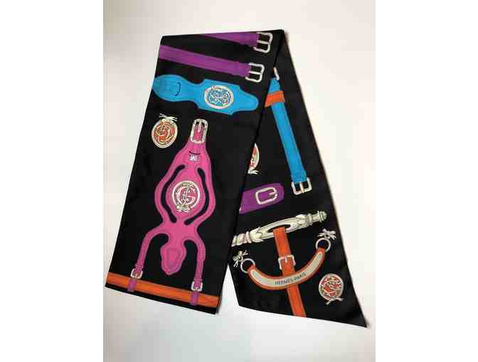 Hermes Black with Multi Color Maxi Twilly Scarf/Wrap (Colors: Black/Green/Fuchsia)