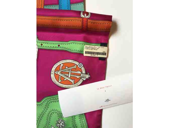 Hermes Fuchsia with Multi Color Maxi Twilly Scarf/Wrap (Color: Fuchsia/Green/Red)